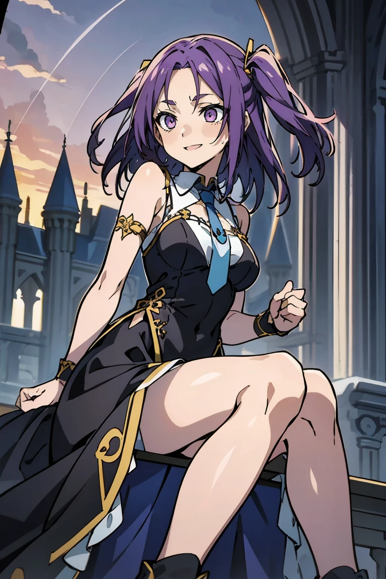 (masterpiece:1.2), (high quality:1.2), reo mikage, blue lock, girls with((1girl, solo, purple hair, (medium hair, right swept bangs, one side up:1.55), bare shoulder, blush, breasts, choker, cleavage, cowboy shot, collar, collarbone, rosary, cross, white clothes, blouse, white dress, sleeveless, collared shirt, necktie, black sleeves, arm wears, elbow armwarmers, black cheongsam, cinderella dress, long dress, frilled panniers, (open dress:1.34), leggings, boots, sandals, bare legs, sittings)), background with((fantasy world, ruin, castle, beautiful sky, shining sky, sunshine:1.35))