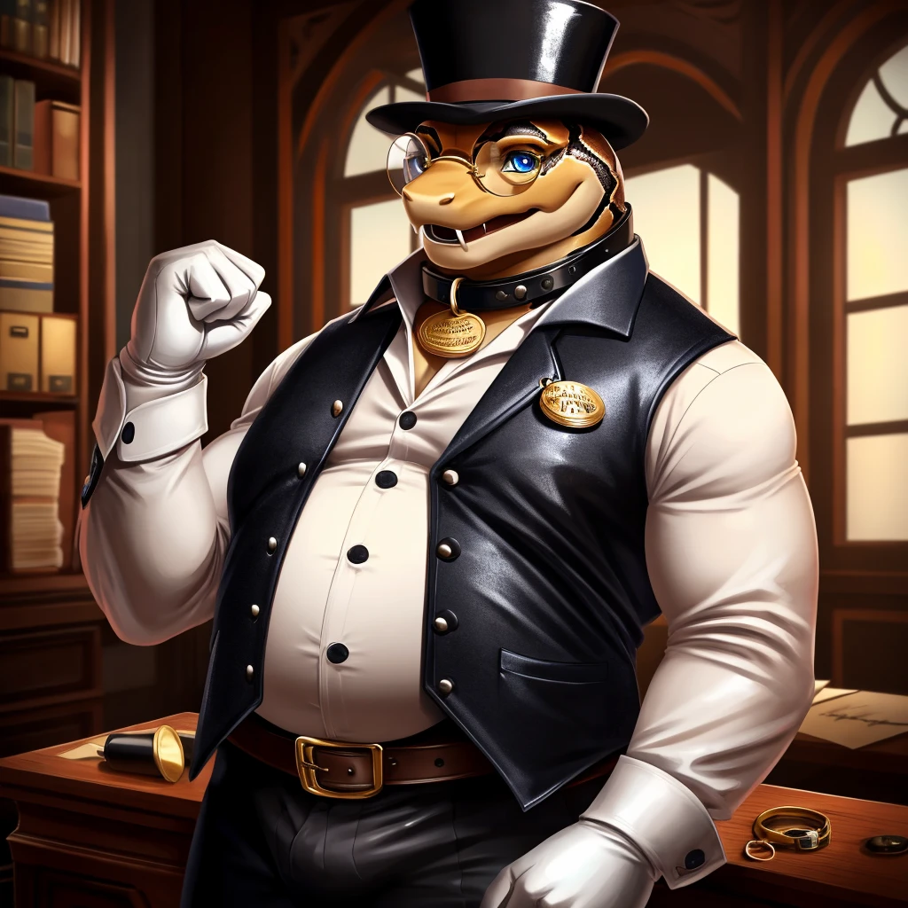 Solo, Male, fat, extremely obese, gentleman, dapper Professor Snake with fangs, steampunk, blue eyes, (posing:1.3), (soft shading), 4k, hi res, ((detailed face, detailed)), looking at viewer, mouth wide open, evil laugh, dapper clothing, collared shirt with buttons, top hat, male focus, Explorer Outfit, glasses, monocle, vest with buttons, sleeves rolled up, round eyewear, brown headwear, brown vest, office, Snake is wearing a glossy leather dog collar around the neck, Snake is wearing the leather collar and shirt and vest at the same time, Snake is wearing glossy white rubber gloves on the hands, wearing white rubber gloves on the feet, gloves are rubber in texture, clenching fists, leather collar is glossy and shiny with a lot of detail, Snake is wearing gloves and leather collar at the same time, leather collar has a round dog-tag, leather collar is thick and detailed, leather collar is glossy and shiny, fancy clothing, dapper vest, dapper shirt, leather collar is thick, glossy leather collar.