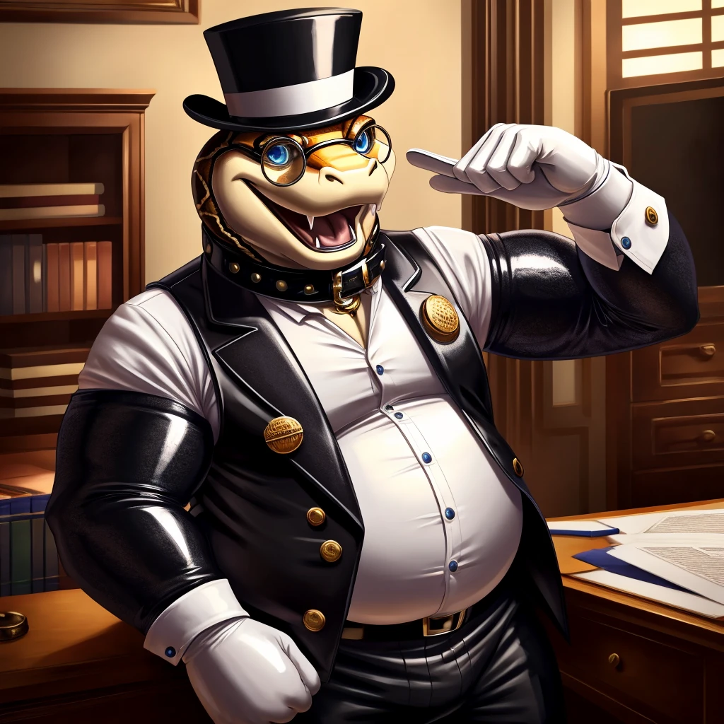Solo, Male, fat, extremely obese, gentleman, dapper Professor Snake with fangs, steampunk, blue eyes, (posing:1.3), (soft shading), 4k, hi res, ((detailed face, detailed)), looking at viewer, mouth wide open, evil laugh, dapper clothing, collared shirt with buttons, top hat, male focus, Explorer Outfit, glasses, monocle, vest with buttons, sleeves rolled up, round eyewear, brown headwear, brown vest, office, Snake is wearing a glossy leather dog collar around the neck, Snake is wearing the leather collar and shirt and vest at the same time, Snake is wearing glossy white rubber gloves on the hands, wearing white rubber gloves on the feet, gloves are rubber in texture, clenching fists, leather collar is glossy and shiny with a lot of detail, Snake is wearing gloves and leather collar at the same time, leather collar has a round dog-tag, leather collar is thick and detailed, leather collar is glossy and shiny, fancy clothing, dapper vest, dapper shirt, leather collar is thick, glossy leather collar.