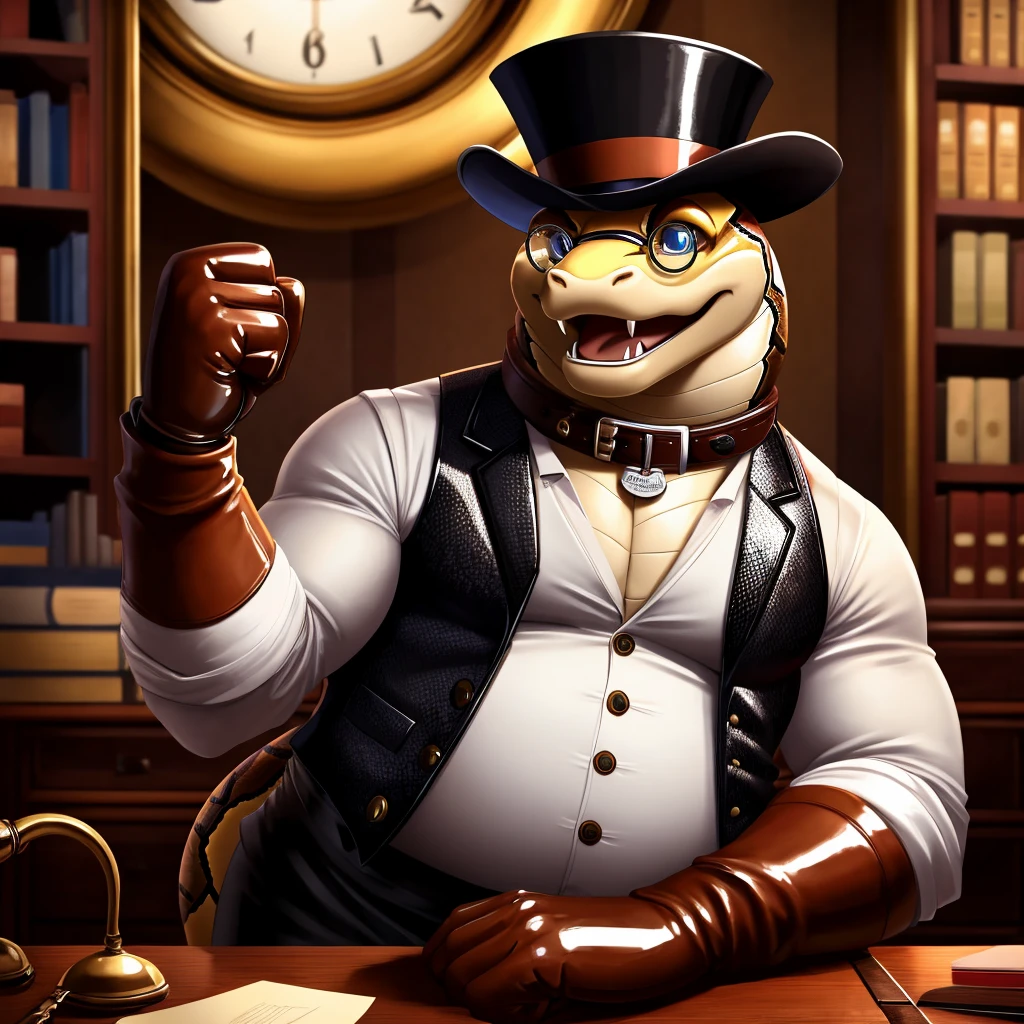 Solo, Male, fat, extremely obese, gentleman, dapper Professor Snake with fangs, steampunk, blue eyes, (posing:1.3), (soft shading), 4k, hi res, ((detailed face, detailed)), looking at viewer, mouth wide open, evil laugh, dapper clothing, collared shirt with buttons, top hat, male focus, Explorer Outfit, glasses, monocle, vest with buttons, sleeves rolled up, round eyewear, brown headwear, brown vest, office, Snake is wearing a glossy leather dog collar around the neck, Snake is wearing the leather collar and shirt and vest at the same time, Snake is wearing glossy white rubber gloves on the hands, wearing white rubber gloves on the feet, gloves are rubber in texture, clenching fists, leather collar is glossy and shiny with a lot of detail, Snake is wearing gloves and leather collar at the same time, leather collar has a round dog-tag, leather collar is thick and detailed, leather collar is glossy and shiny, fancy clothing, dapper vest, dapper shirt, leather collar is thick, glossy leather collar.