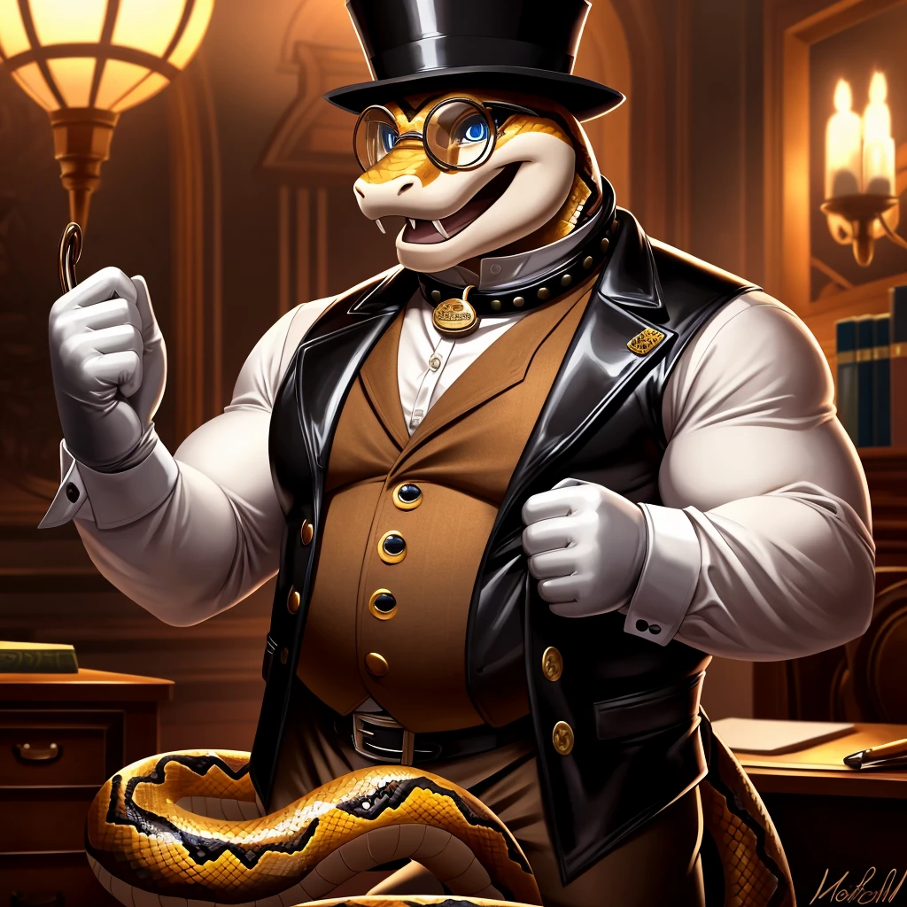Solo, Male, fat, extremely obese, gentleman, dapper Professor Snake with fangs, steampunk, blue eyes, (posing:1.3), (soft shading), 4k, hi res, ((detailed face, detailed)), looking at viewer, mouth wide open, evil laugh, dapper clothing, collared shirt with buttons, top hat, male focus, Explorer Outfit, glasses, monocle, vest with buttons, sleeves rolled up, round eyewear, brown headwear, brown vest, office, Snake is wearing a glossy leather dog collar around the neck, Snake is wearing the leather collar and shirt and vest at the same time, Snake is wearing glossy white rubber gloves on the hands, wearing white rubber gloves on the feet, gloves are rubber in texture, clenching fists, leather collar is glossy and shiny with a lot of detail, Snake is wearing gloves and leather collar at the same time, leather collar has a round dog-tag, leather collar is thick and detailed, leather collar is glossy and shiny, fancy clothing, dapper vest, dapper shirt, leather collar is thick, glossy leather collar.