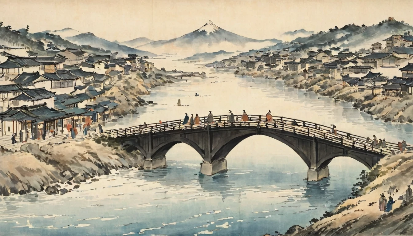 Katsushika Hokusai、vague、Mont、river、Calm waves、bridge、wood々、People passing by々、Modern Town、the way、Skyscrapers visible in the distance、Ink and watercolor、Light tones、Calligraphy、Ink Painting