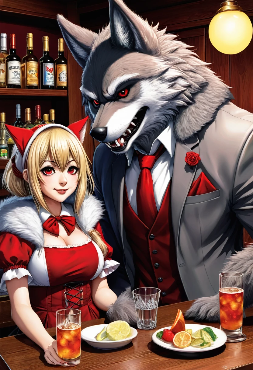 A doujinshi cover with a The werewolf of the bartender and the guest's Red Riding Hood, furry, kemono, with some elements of comedy manga,
