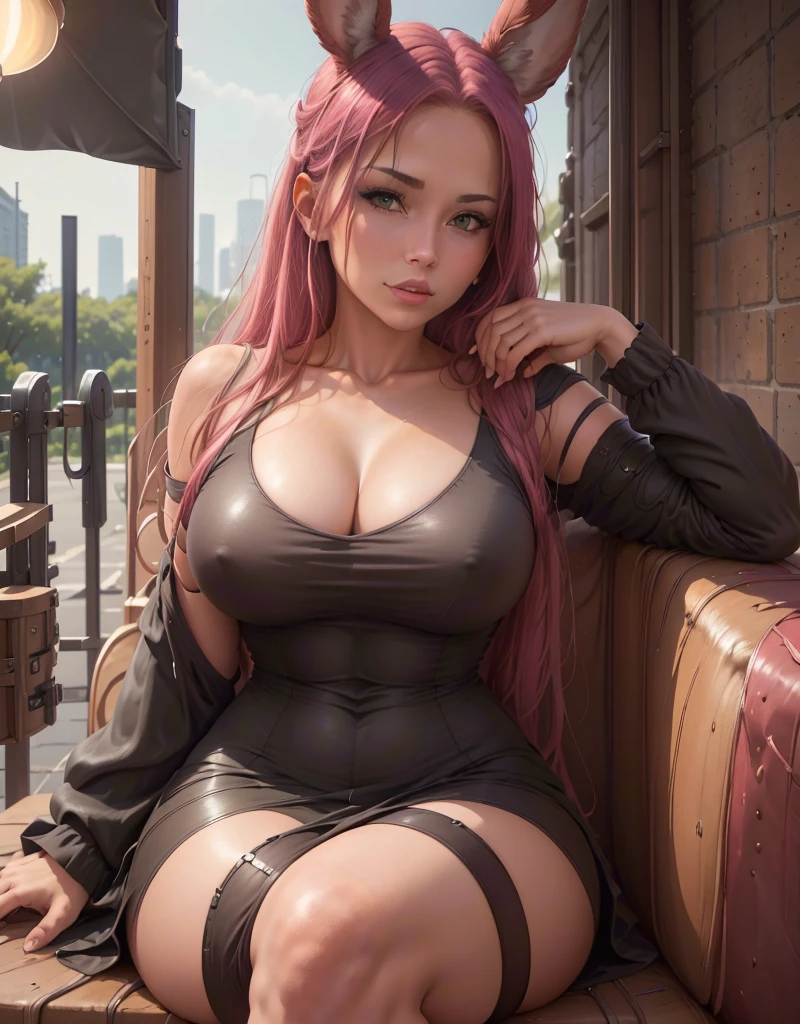 (Best quality,4K,8K,A high resolution,Masterpiece:1.2),Ultra-detailed,(Realistic,Photorealistic,photo-realistic:1.37),Cyberpunk,Girl,The center of the picture,looking at viewert,Mechanical,Metallic,robotic limb,Futuristic city landscape,Pink hair,night,mysterious,Vibrant colors,which stands on the street,high-heels,(wings),(Rabbit ears,lamplight),Science fiction elements,urban chic, with long straight hair