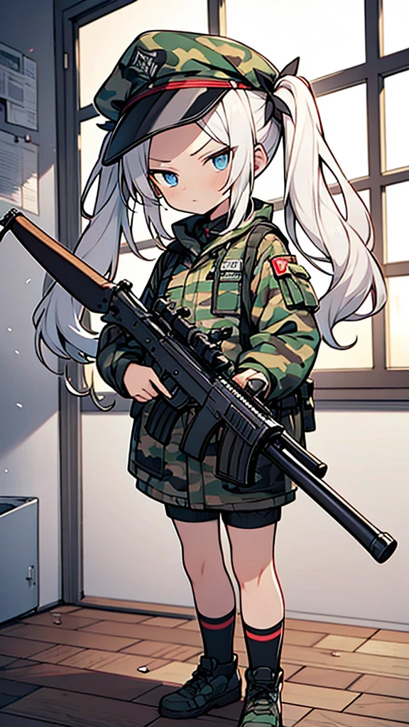 Super skillful anime style illustration,hairstyle with high-forehead,white hair,twintail hair,blue eyes,Wearing camouflage clothing, camouflage hats, rifles, and survival games,
serious face,Short stature disproportionate to age,yo and 120cm,