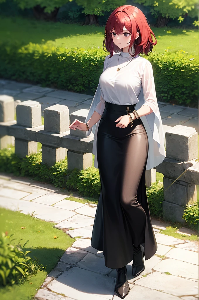 masterpiece, best quality, extremely detail 8k cg, high resolution, 1girl, yuugao, solo, purple hair, long hair, sidelocks, ponytail, brown eyes, perfect eyes, choker, outfit-gls, sweater, high-waist skirt, high heels, perfect ass, huge breasts, forhead protector, outdoors, garden, standing, beautiful face, wide shot photo, full body, from behind