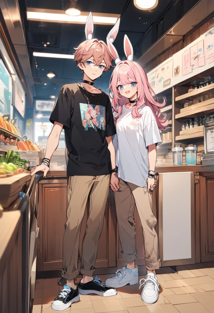 pink hair, boy, teen, rabbit ears, t shirt, blue eyes, choker, long brown pants, white shoes