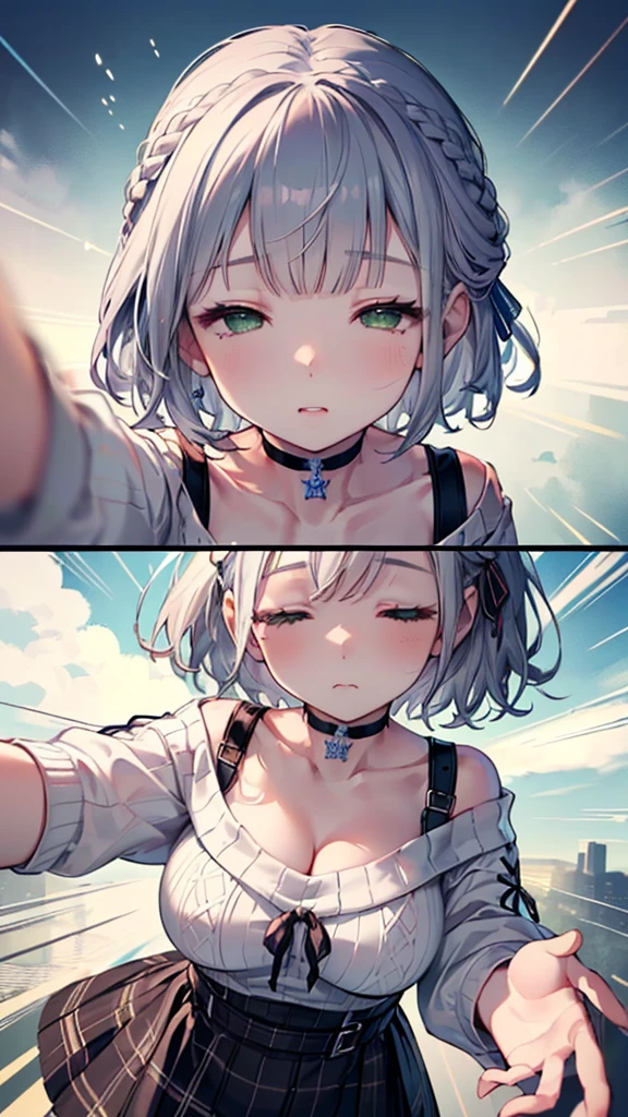 (best quality:1.2), (ultra detailed:1.2),(masterpiece:1.2),(8k:1.2),(ccnoel, short hair, french braid, hair ribbon, green eyes, black choker, collarbone, cleavage, off-shoulder sweater, white sweater, plaid skirt),(Blessed,Captivating body、Ultra-detailed skin、ultra-detailed face,Detailed Background),One Girl、(closed eyes,shy, incoming kiss:1.7)