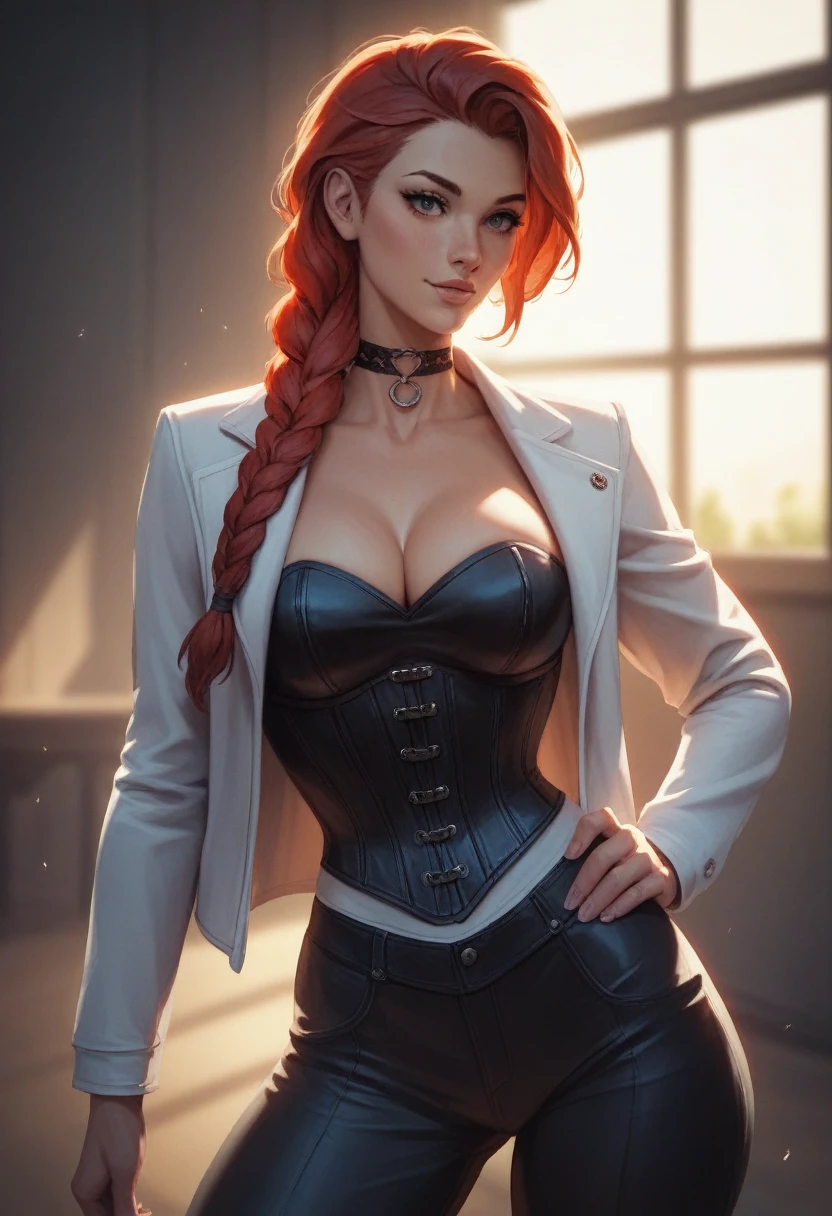 NSFW,One girl, Portrait of a beautiful donkey pex, Athletic ability, White jacket, corset, skirt, pants, Black Hair, Redhead, Braid, compensate, choker, Cleavage, Wide Hips, Volumetric lighting, Highest quality, masterpiece, Intricate details, Tone Mapping, Sharp focus, Super detailed, Trending on Art Station, Realistic anime,cartoon,pants