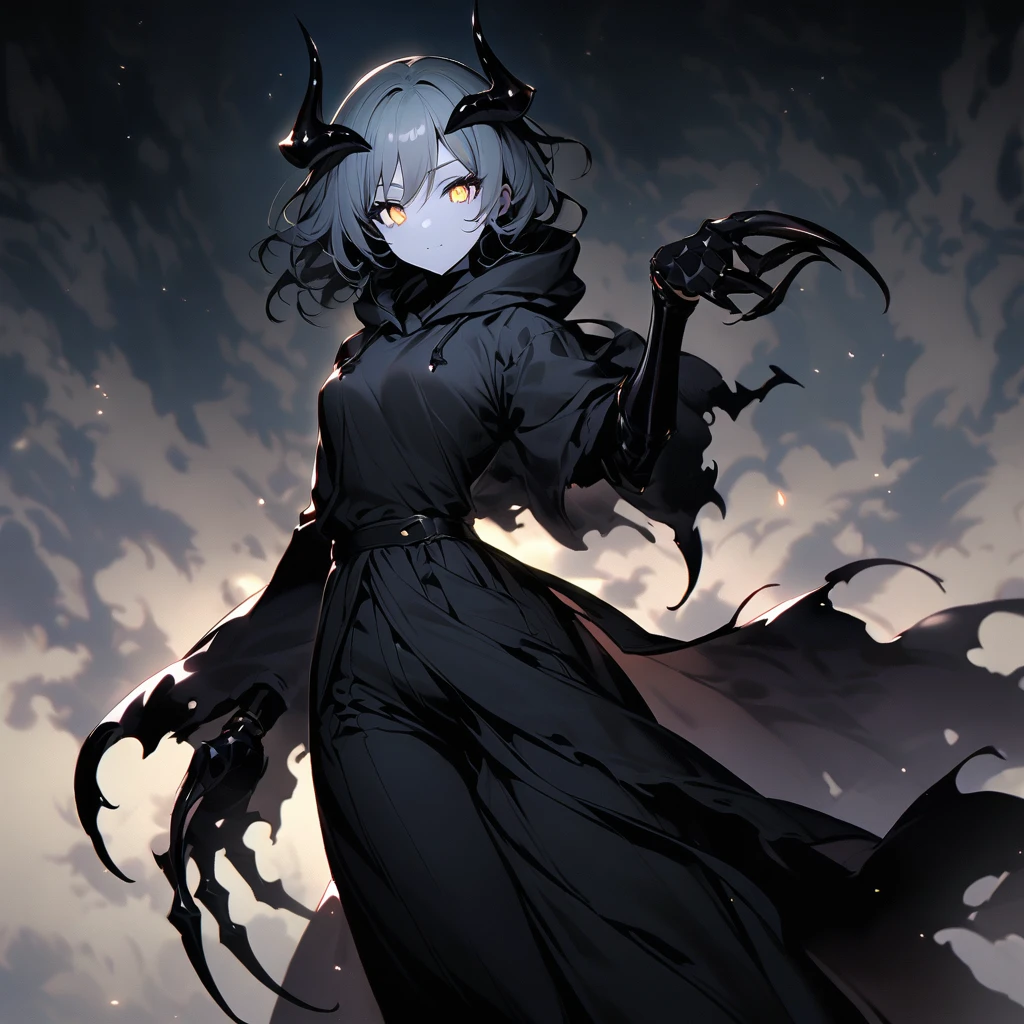 (well done:1) woman, short yellow slightly wavy hair, black horns and a black areola, white eyes, The arm starts at the top with a very light, almost white skin color. As it travels down the arm, the color gradually changes to a smoky gray that becomes increasingly darker. This transition is smooth and looks like a shadow effect or spots that spread across the arm. The lower part of the arm and the hand are completely black. The arm is thin and elongated, giving an almost skeletal appearance. The fingers are long, thin and well articulated, with visibly defined joints. The hand and fingers have a somewhat angular and tapered shape, which gives the impression of claws or something similar. The skin texture appears smooth, but there is a sheen that suggests a moist or oily surface. gray hooded sweatshirt, loose black pants, black flip-flops.