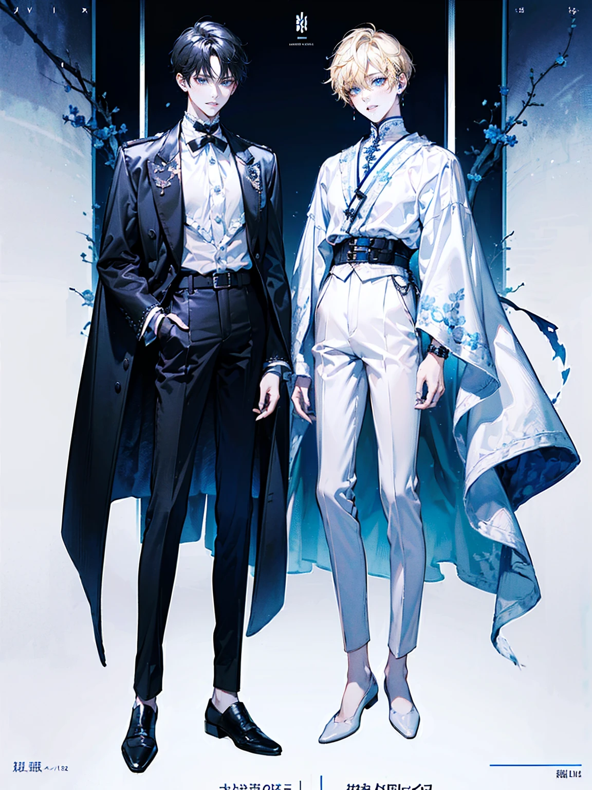 ((full body: 2)), ((UHD, masterpiece, super detail, best quality, highres, 8k)), (detailed line art), perfect face, perfect body, perfect hands, perfect feet.
Humans, around 20 years old, (2 males: 2.0), ((two characters)), male idols, (simple background, magazine cover style: 1.5).
Features of the first person :Gentle atmosphere, standing on the right, (bright blonde hair), (parallel eyebrows, light blue eyes, droopy eyes, thin lips), (white top, collarbone-revealing shirt, puffed sleeves shirt, white ribbon decorations:1.5, white frill decorations:1.5, white corset, high-waisted white pants, white belt, white leather shoes), (white ribbon choker), (angelic atmosphere), (looking forward).
Features of the second person : Cool atmosphere, standing on the left, (black hair), (parallel eyebrows, light blue eyes, slanted eyes, thin lips), black top, high-neck top, tight-fitting top, (suspensor jacket: 1.3), black jacket, black belt decorations:1.5, black pants, black belt, black leather shoes), (black earrings, black bracelet), (devilish atmosphere), (looking forward).
