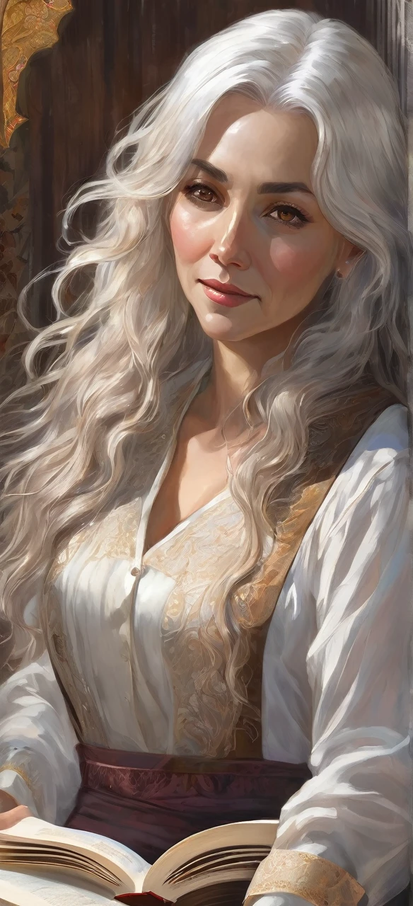1woman, mature female, aged up, wavy long hair, white hair, hazel/brown eyes, bangs, long sleeves, finely detailed eyes and detailed face, extremely detailed, reading book happily, with the book in hands,looking at viewer, solo, upper body