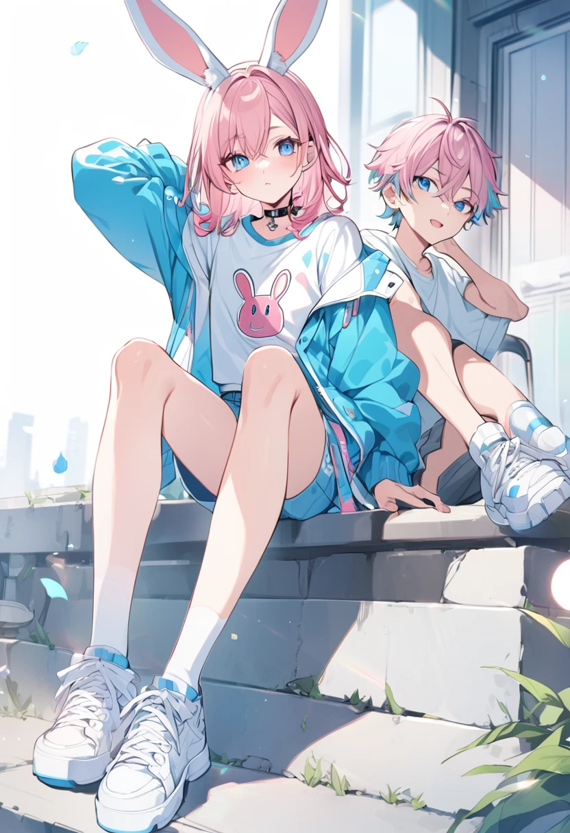 pink hair, boy, , rabbit ears, t shirt, jacket, blue eyes, choker, white shoes