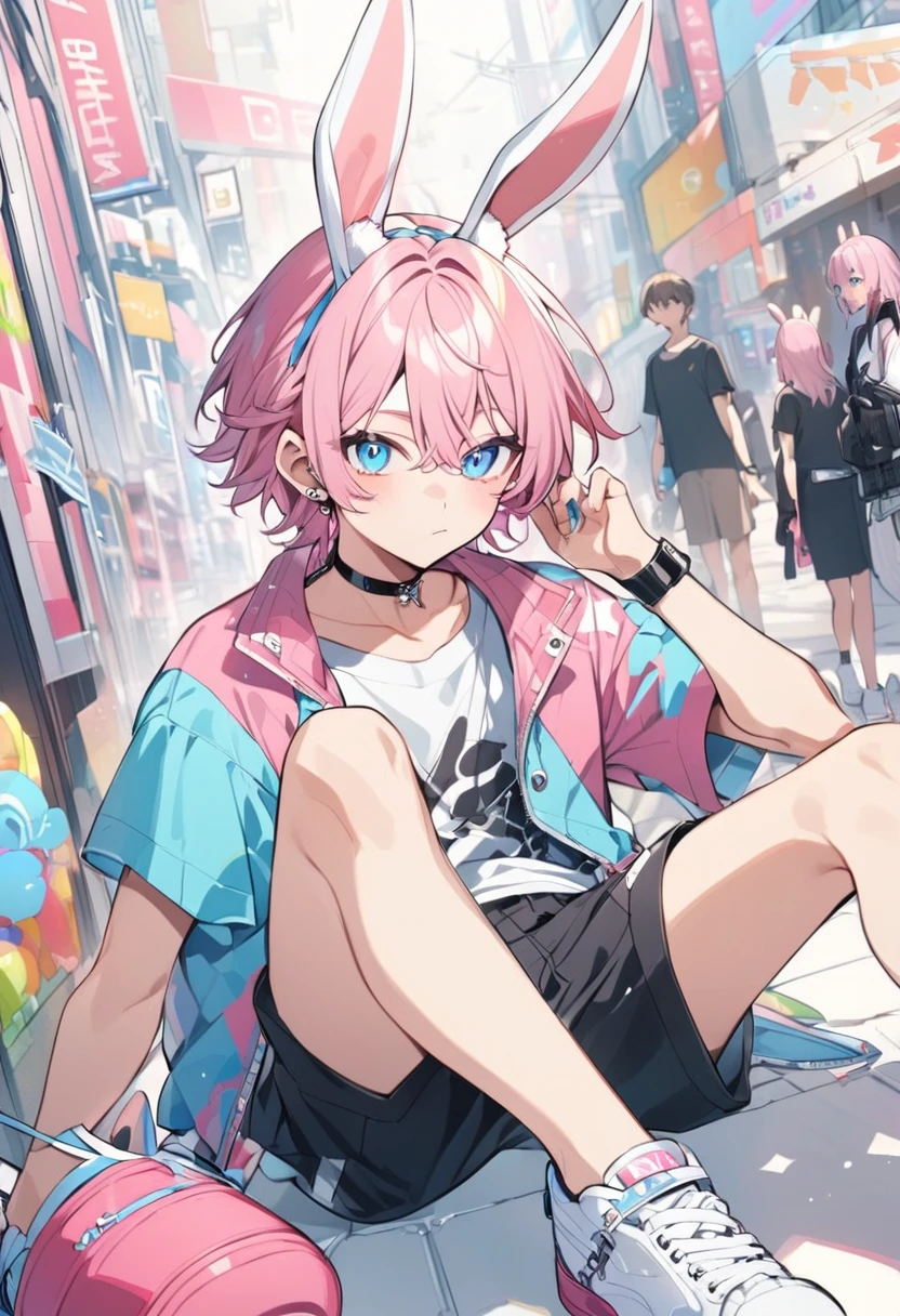 pink hair, boy, , rabbit ears, t shirt, jacket, blue eyes, choker, white shoes