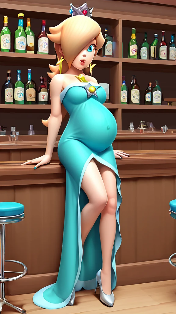 score_9, score_8_up, 1girl, solo, rosalina, style parody, thick outlines, blue dress, sleeveless, strapless, cleavage, indoors, bar, pregnant