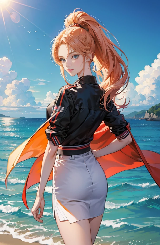 Very colorful, Pop feel, Summer image, Beautiful woman with orange ponytail, Very beautiful detailed eyes, Beautiful and delicate eyes, Around 25 years old, At the Beach, Ocean view, Wearing a jacket, stylish belt, Perfect tall model figure,mysterious, Cool Beauty, West Coast, Shining summer memories, Anime drawing by Yang J, Art Station Trends, realism, extremely detailed The buds of art, Realistic anime 3D style, Anime Style 4 k, Up to the model | The buds of art, Anime Style. 8k, Casual clothing, Realistic anime art style, style The buds of art, Sharp contours, Highest quality, The perfect angle, Perfect composition, Perfect subject, Best Shot, Official Art，CD jacket, 80&#39;s City Pop, Stylish, Very stylish, Anime drawings inspired by Yanjun Chen, Trending on Art Station, realism, Anime Style 4 k, Anime Style. 8k, Realistic Anime 3D Style, Realistic anime art style, Digital anime illustration, Style Anime, Gweiz-style artwork, Anime Style illustration, Digital anime art