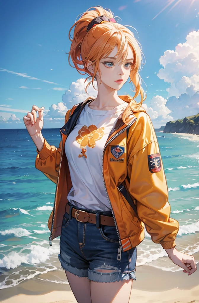 Very colorful, Pop feel, Summer image, Beautiful woman with orange ponytail, Very beautiful detailed eyes, Beautiful and delicate eyes, Around 25 years old, At the Beach, Ocean view, Wearing a jacket, stylish belt, Perfect tall model figure,mysterious, Cool Beauty, West Coast, Shining summer memories, Anime drawing by Yang J, Art Station Trends, realism, extremely detailed The buds of art, Realistic anime 3D style, Anime Style 4 k, Up to the model | The buds of art, Anime Style. 8k, Casual clothing, Realistic anime art style, style The buds of art, Sharp contours, Highest quality, The perfect angle, Perfect composition, Perfect subject, Best Shot, Official Art,CD jacket, 80's City Pop, Stylish, Very stylish, Anime drawings inspired by Yanjun Chen, Trending on Art Station, realism, Anime Style 4 k, Anime Style. 8k, Realistic Anime 3D Style, Realistic anime art style, Digital anime illustration, Style Anime, Gweiz-style artwork, Anime Style illustration, Digital anime art