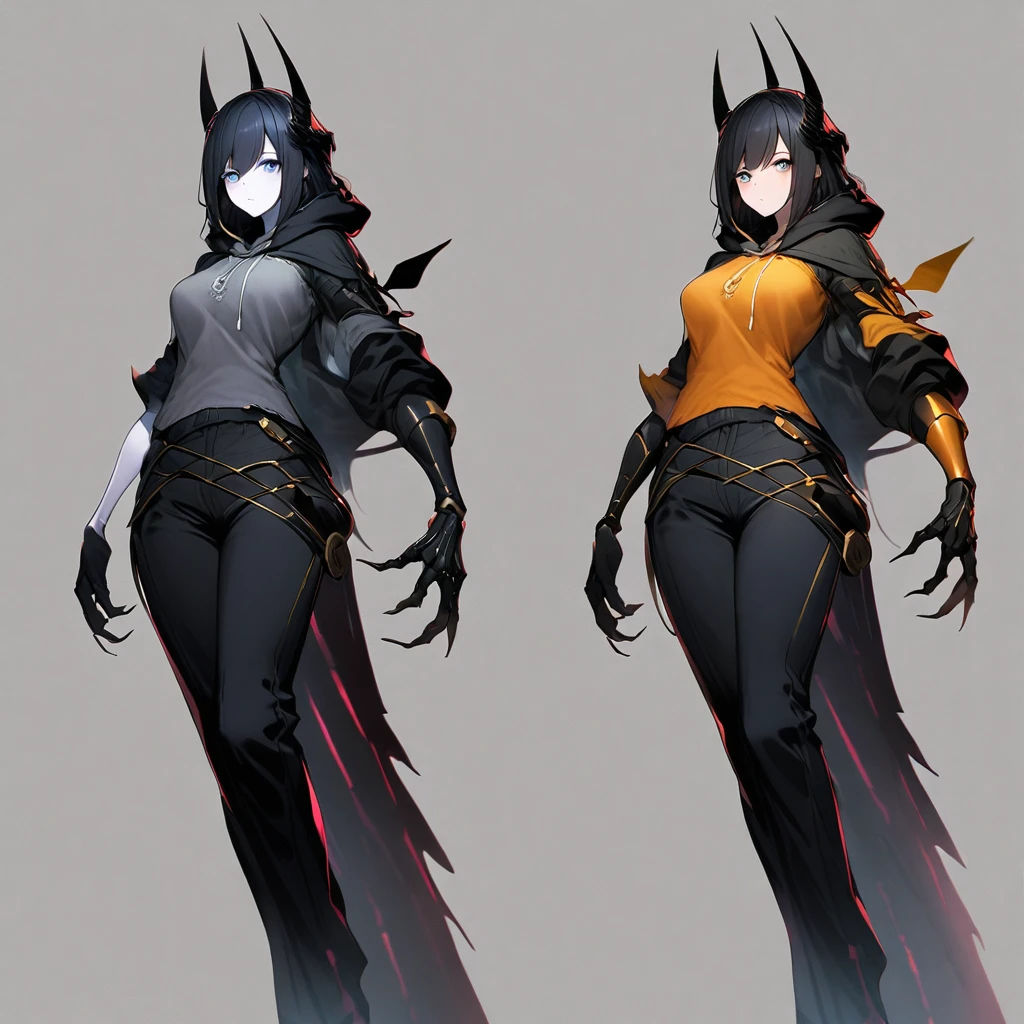 (well done:1) woman, short yellow slightly wavy hair, black horns and a black areola, white eyes, The arm starts at the top with a very light, almost white skin color.  As it travels down the arm, the color gradually changes to a smoky gray that becomes increasingly darker.  This transition is smooth and looks like a shadow effect or spots that spread across the arm. The lower part of the arm and the hand are completely black.  The arm is thin and elongated, giving an almost skeletal appearance. The fingers are long, thin and well articulated, with visibly defined joints.  The hand and fingers have a somewhat angular and tapered shape, which gives the impression of claws or something similar.  The skin texture appears smooth, but there is a sheen that suggests a moist or oily surface.  gray hooded sweatshirt, loose black pants, black flip-flops.