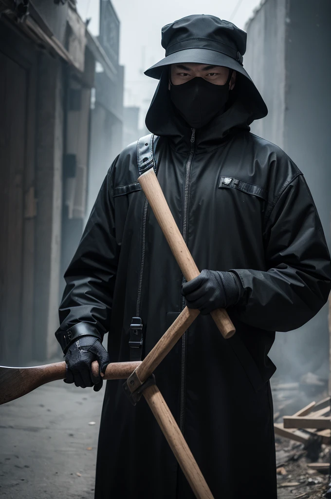 Man in all black with mask, hat and an ax in hand. Terror
