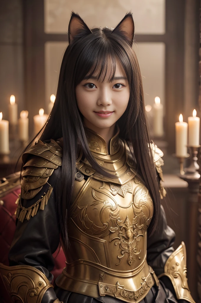 Realistic photos、18-year-old、cute、Girl、3 people、(Realistic Skin:1.5)、(Dark Room、Sit on a chair、Thighs、Woman gazing at candlelight)、shadow、dramatic、Impressive movie、slender、Full body photo、Multicolored Armor、Red and black leather armor、Woman warrior、Tight waist、Metal Hair Ornament、Black Hair、Straight hair、bangetal cat ears、smile、Perfect white teeth、Highest quality、High resolution、(masterpiece)、Professional photos、8k resolution、Intricate details、Physically Based Rendering、8k wallpaper、