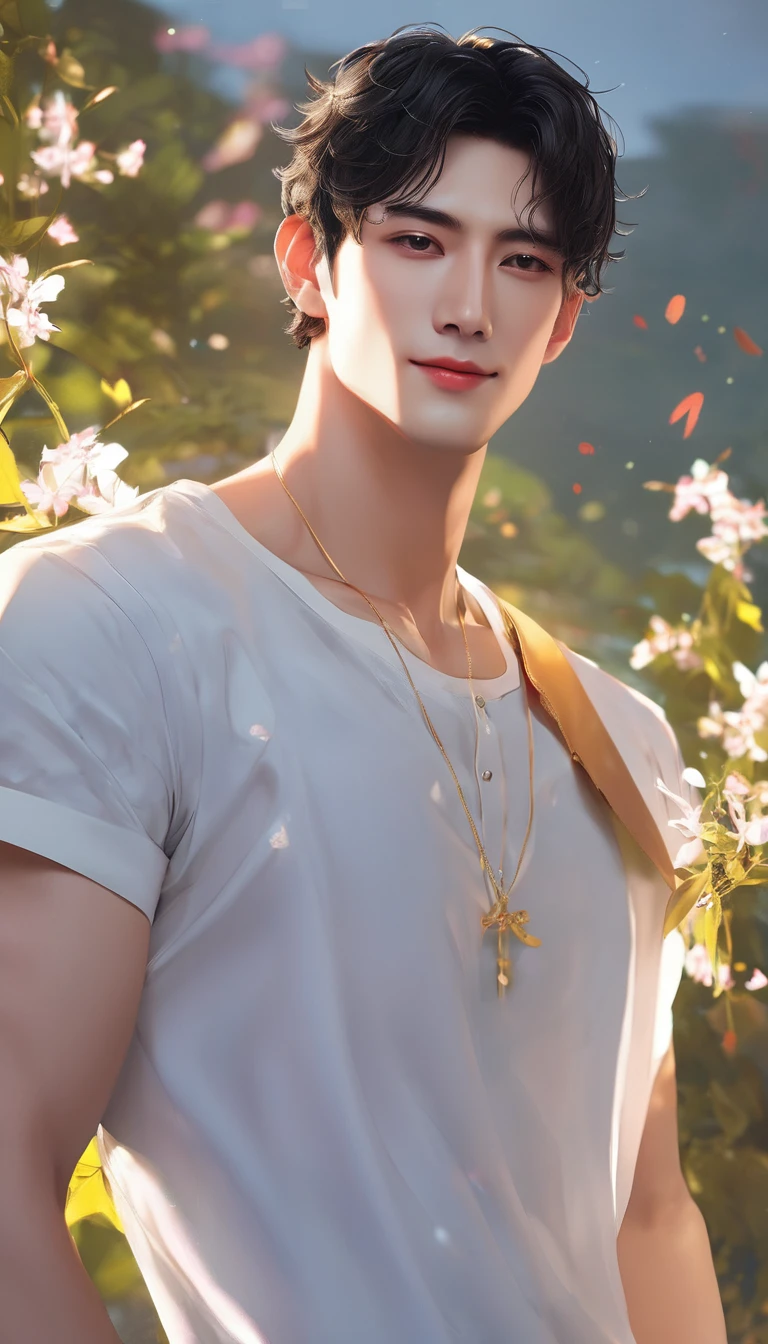 super detail, best quality, A handsome man, black hair, short hair, light smile, happy