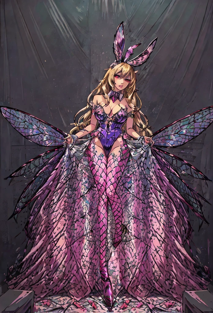 Casino Bunny Girl Drawing, Extraordinary beauty, Elegant beauty, god々A beautiful fairy, ((Anatomically correct: 1.5)) Spreading butterfly wings, Blue and purple feathers, Pink Eyes, Glowing Eyes, (Super detailed face: 1.2), The most detailed face,  Blonde, Full hair, Wavy Hair, Glamour Dress, Wild Dress, Jungle flower dress, LED interior lighting, hyperrealism style, Vibrant, 超High resolution, High Contrast, (masterpiece:1.5), Highest quality, Best aesthetics), Best details, Highest quality, High resolution, Ultra Wide Angle, 16K, [Super detailed], masterpiece, Highest quality, (Very detailed) born, Chanbasket&#39;s art style, FairyTaleAI, Fairy Wings, 