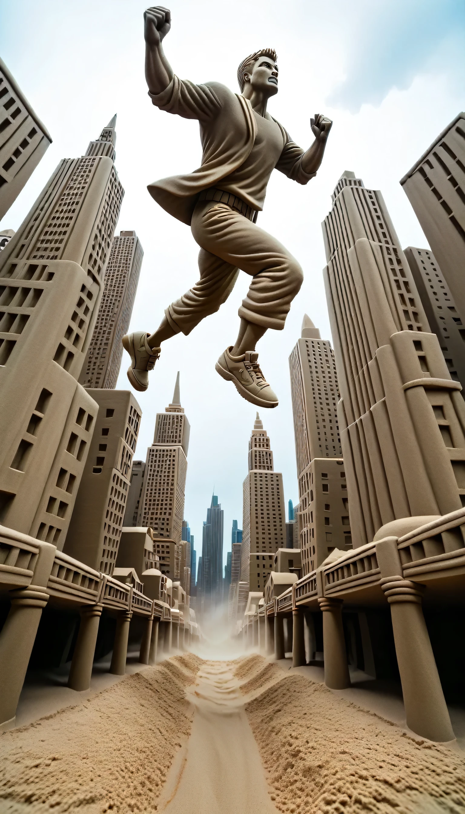 Sand sculpture style,  The hero jumps between cities，color，High-rise buildings，A strong sense of déjà vu