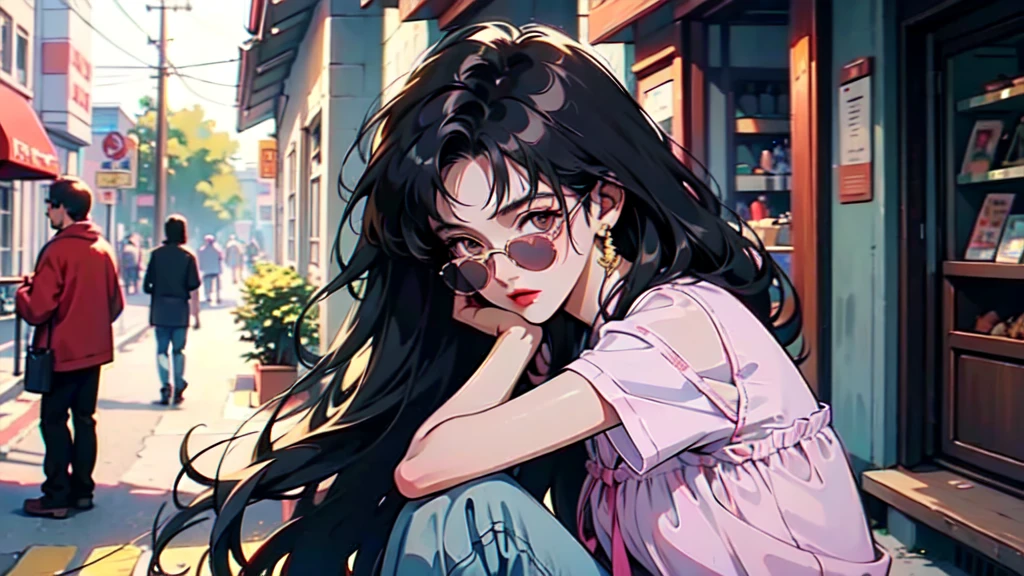 One beautiful woman、cool、Wearing sunglasses、Squatting on a street corner、