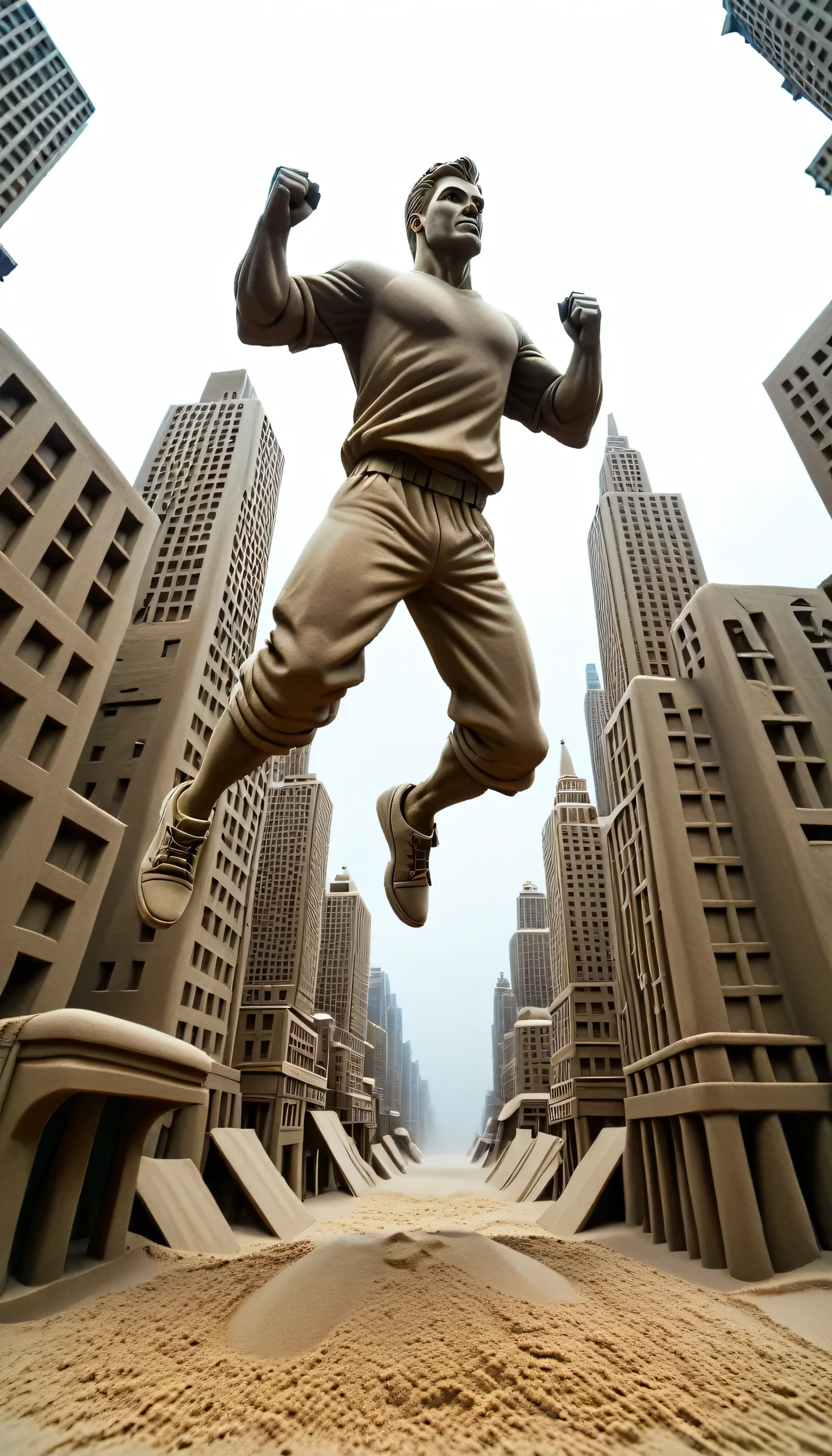 Sand sculpture style, The hero jumps between cities,color,High-rise buildings,A strong sense of déjà vu