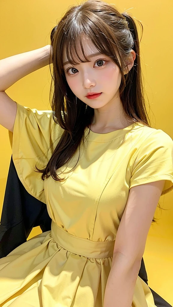 (8k, masterpiece, highest quality),girl1name、ニンフィア、yellow clothes、Simple yellow background、head shot
