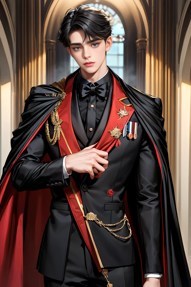 
masterpiece, 最high quality, high quality, 1 boy, alone, Male focus, Watching the audience,  Messy black hair, Adorable big blue eyes, White, Noble, Noble,A black and red cape that is bursting with sexy volume、Tuxedo、A very voluminous, large, very large, very large, long, long red and black cape with a high stand-up collar, made of a lot of fabric that reaches down to the floor., 17 years old,Cute beautiful boys,Cute, cute, kind, handsome guy