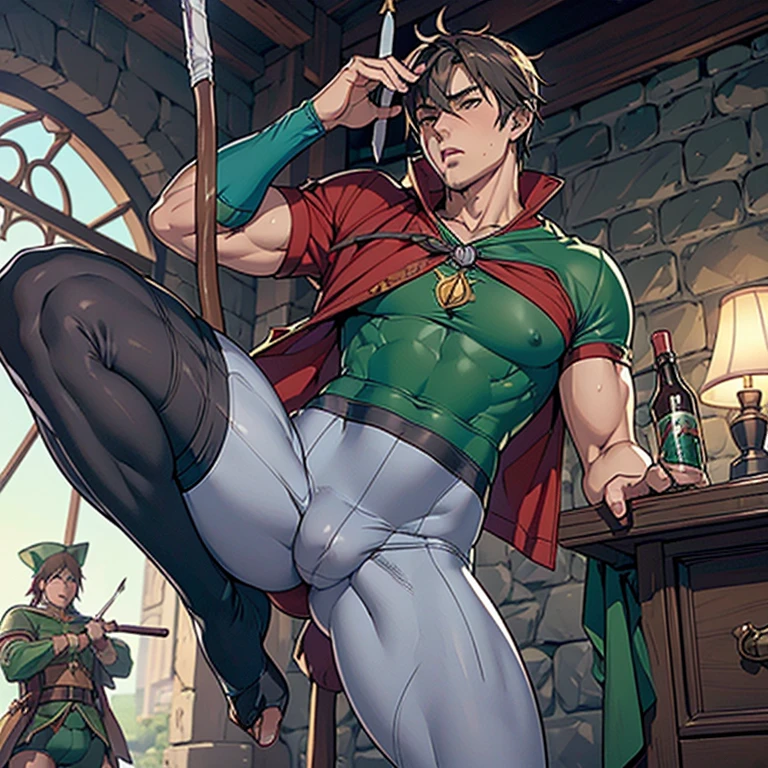 ((Naughty Robin hood wearing tight tights showing his bulge line)), ((bulge cock line inside tights)), gangbang, (robin hood inspired setting), NSFW, hentai, porn, ((inspired by Robin Hood: Men in Tights movie)), ((tights kink)), ((bouncing bulge)), ((erection inside his tights)),
