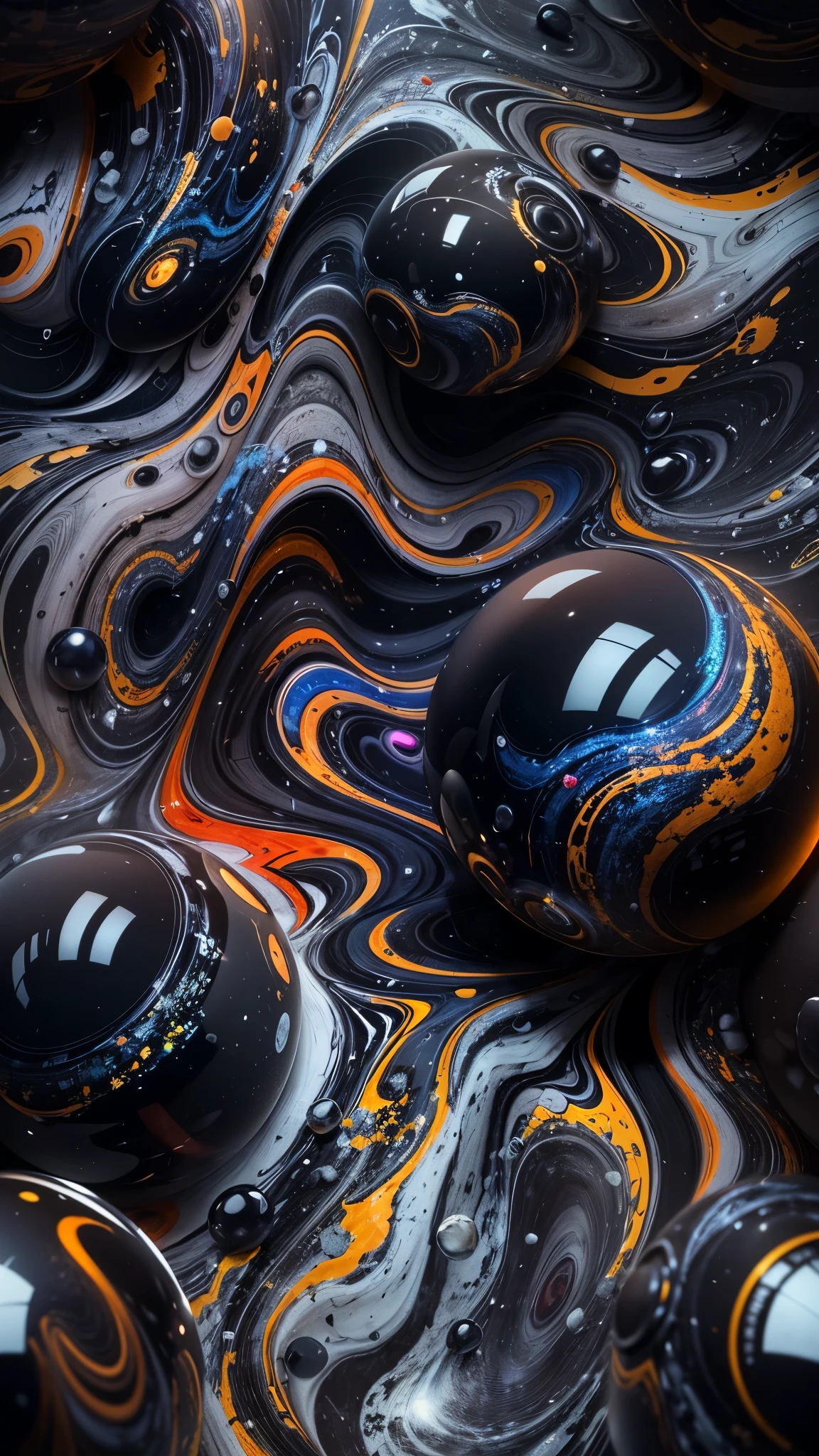 Ultra realistic, ultra-detailed, best quality, best light, dynamic point of view, marble in water, wallpaper image, broken multicolor ball, beautiful, all black background