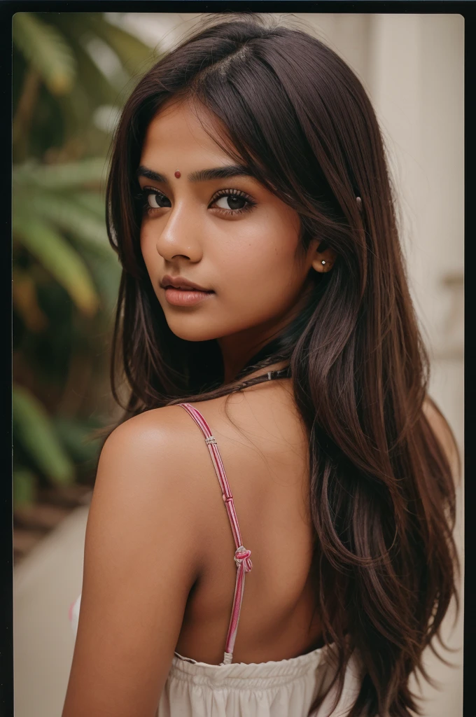 Indian girl, 18-21 years old, brown hair, high-quality photo portrait, shot on a Polaroid camera, double eyelid --ar 34:65 --style raw