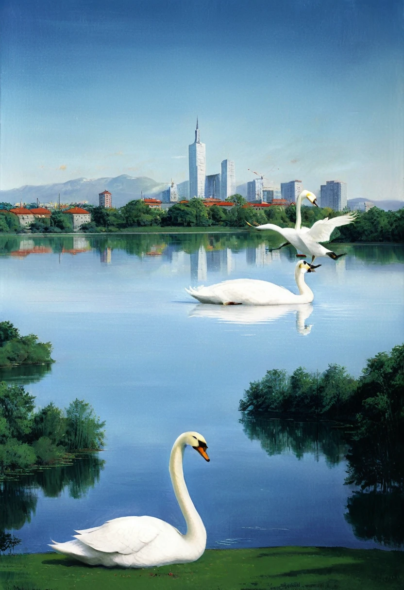 A giant giant white swan in a lake, beautiful landscape. in the background a city, centralized, cinematic.