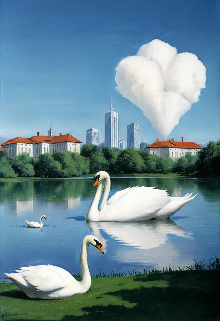 A giant giant white swan in a lake, beautiful landscape. in the background a city, centralized, cinematic.
