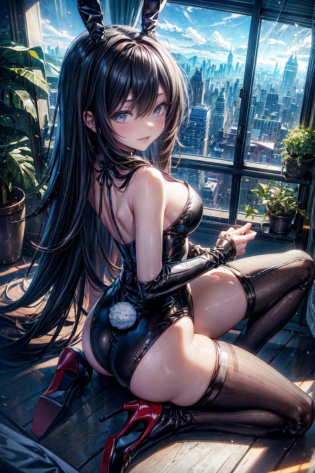 Highest quality、、(Bunny girl)、Plain black stockings、High heels、Black enamel bunny suit、Show Viewer、Angle from behind、W sitting、smile、Futuristic Living Room、indirect lighting、Room with houseplants、From the window you can see the valley between the city's buildings、Night view、Silver short hair、Beautiful Eyes、Beautiful Face、Delicate eyes