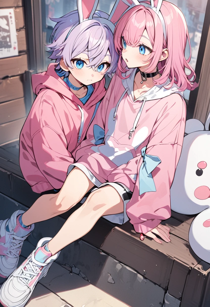 pink hair, boy, teen, rabbit ears, t shirt, jacket, blue eyes, choker, white shoes