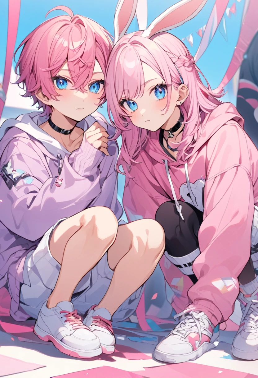 pink hair, boy, teen, rabbit ears, pink hoodie, blue eyes, choker, white shoes