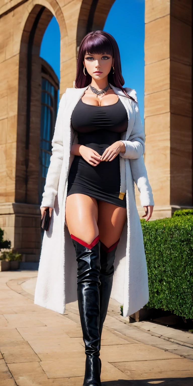 (Masterpiece, best quality), (highres, ultra-detailed), (perfect anatomy), outdoors, 1girl, solo, dress, sela, large breasts, tan, necklace, white sleeves, thigh highs, muscular, thighs, full body, priestess, church, religous, pants, coat, pullover, boots, body suit, bigdress, big robe,black body suit, HIGH BOOTS, feet together, toe to head