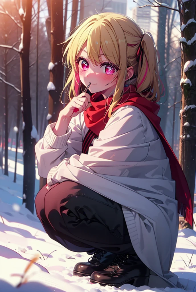 rubyhoshino, Hoshino Ruby, Long Hair, bangs, blonde, (Pink Eyes:1.3), Side Lock, (Symbol-shaped pupil:1.5), Multicolored Hair, Two-tone hair, smile,,smile,blush,white breath,
Open your mouth,snow,Ground bonfire, Outdoor, boots, snowing, From the side, wood, suitcase, Cape, Blurred, , forest, White handbag, nature, Squat, Mouth closed, Cape, winter, Written boundary depth, Black shoes, red Cape break looking at viewer, Upper Body, whole body, break Outdoor, forest, nature, break (masterpiece:1.2), Highest quality, High resolution, unity 8k wallpaper, (shape:0.8), (Beautiful and beautiful eyes:1.6), Highly detailed face, Perfect lighting, Extremely detailed CG, (Perfect hands, Perfect Anatomy),