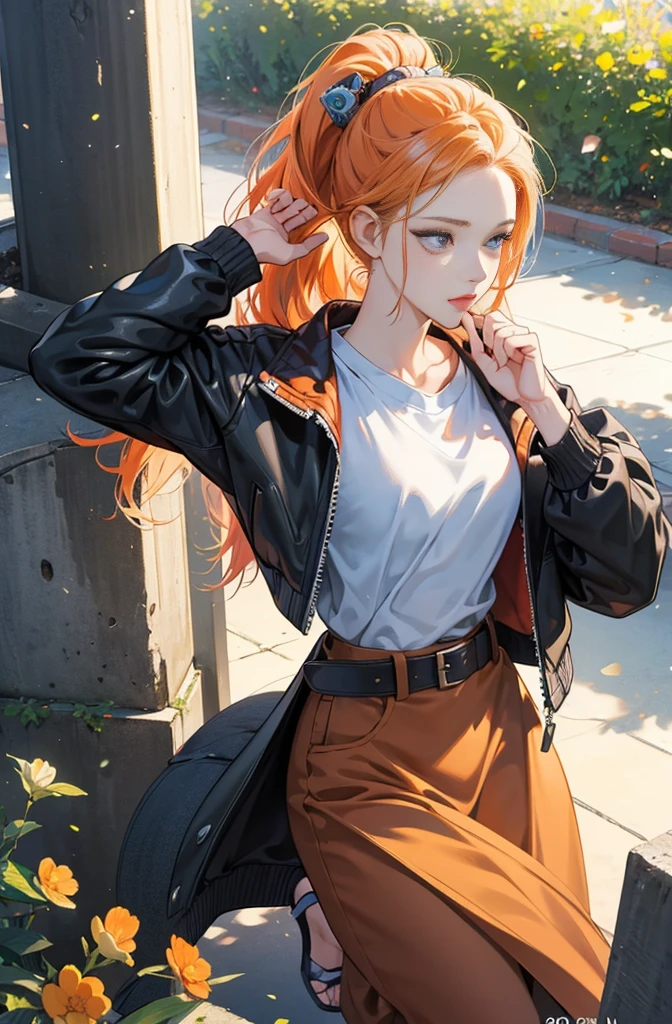 Very colorful, Pop feel, Summer image, Beautiful woman with orange ponytail, Very beautiful detailed eyes, Beautiful and delicate eyes, Around 25 years old, Wearing a jacket, stylish belt, Perfect tall model figure,mysterious, Cool Beauty, West Coast, Shining summer memories, Anime drawing by Yang J, Art Station Trends, realism, extremely detailed The buds of art, Realistic anime 3D style, Anime Style 4 k, Up to the model | The buds of art, Anime Style. 8k, Casual clothing, Realistic anime art style, style The buds of art, Sharp contours, Highest quality, The perfect angle, Perfect composition, Perfect subject, Best Shot, Official Art，CD jacket, 80&#39;s City Pop, Stylish, Very stylish, Anime drawings inspired by Yanjun Chen, Trending on Art Station, realism, Anime Style 4 k, Anime Style. 8k, Realistic Anime 3D Style, Realistic anime art style, Digital anime illustration, Style Anime, Gweiz-style artwork, Anime Style illustration, Digital anime art