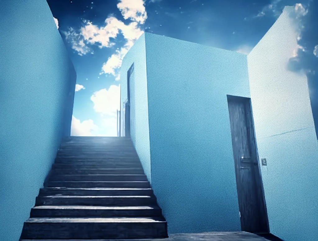 Stairs and door floating in the blue sky