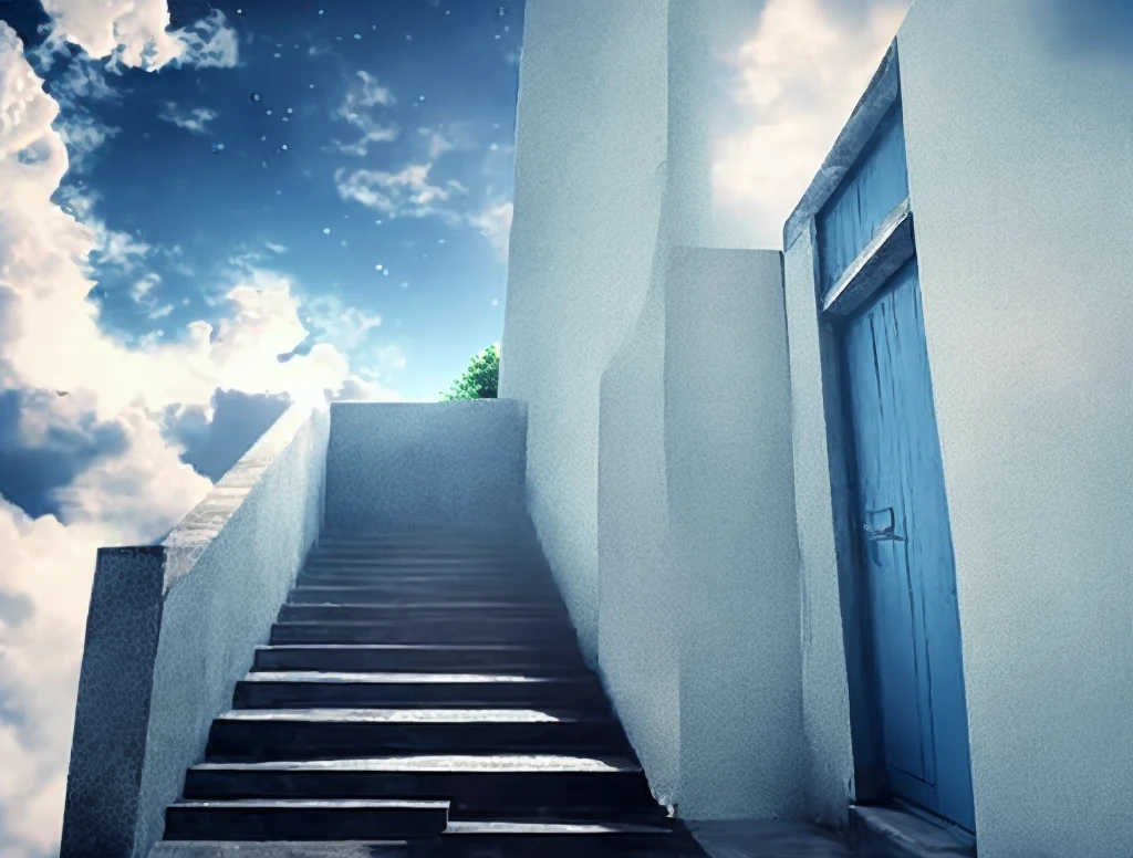 Stairs and door floating in the blue sky