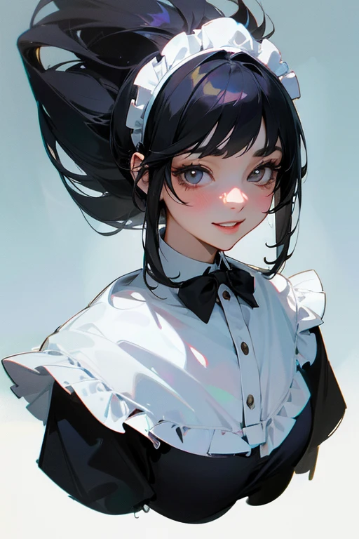 (Highest Resolution, clear_image) Highest quality, single, One woman, alone, masterpiece, Very detailed, Semi-realistic, Black Hairのショートヘア, Black Hair, bangs, 18-year-old, mature, Light blue , Indoor Background, kind, Authoritative, Powerful, exquisite features, exquisite features、Eyelashes become longer、Showing teeth、smile😀、Maid clothes、woman'Fingers in the、Sleeping on the sofa、Long Hair、Fluttering in the wind、((Field))