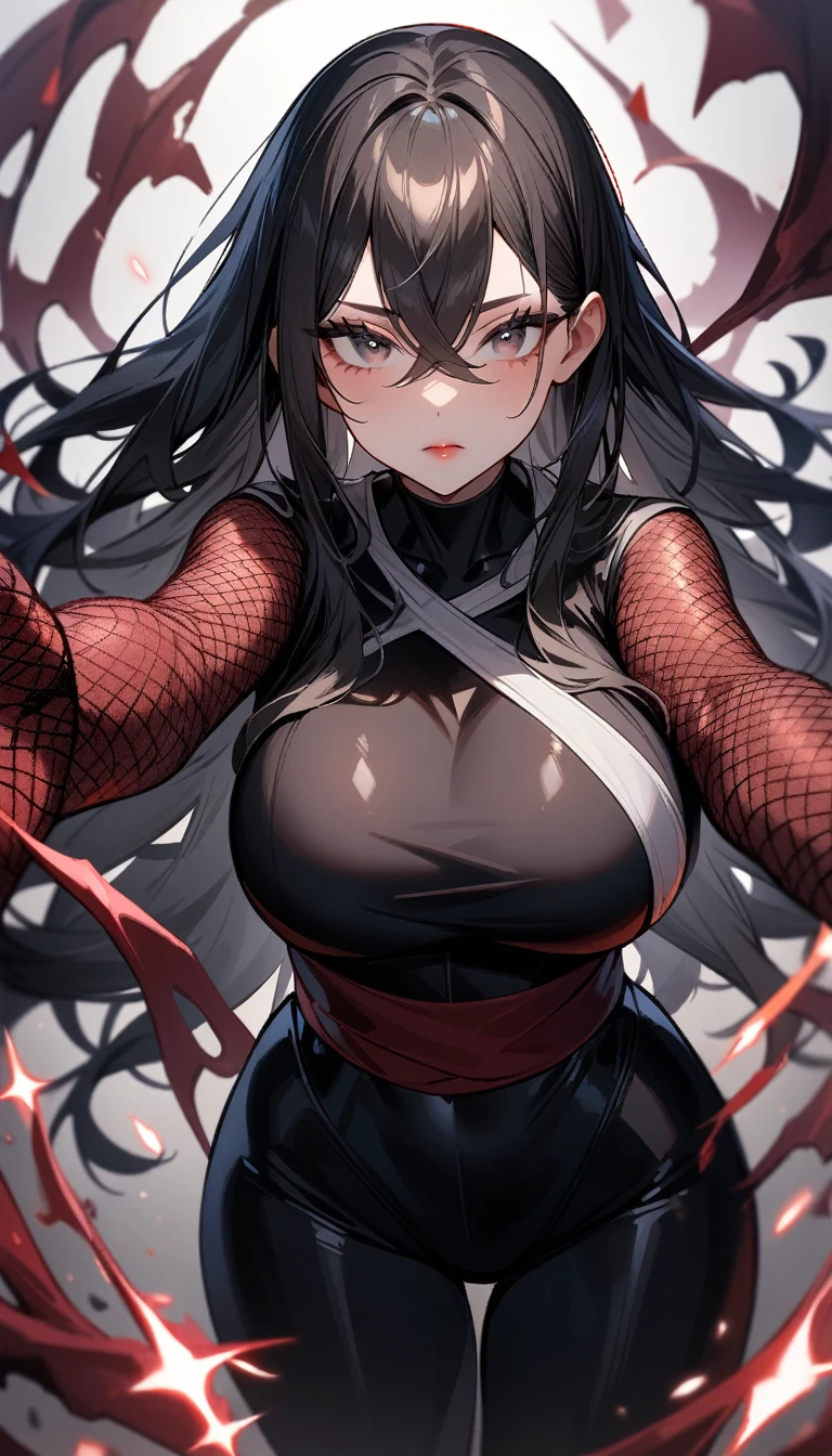 1girl,solo,super detailed skin,shiny skin,gleaming skin,detailed face,expressionless,black hair,long hair,crossed bangs,deep detailed eyes,eyelashes,lips gloss,large breasts,body suit,Shinobi clothes,fishnet arms,standing ,dark magic,simple background ,reaching towards viewer,masterpiece,best quality,ultra detailed,high resolution,sharp focus