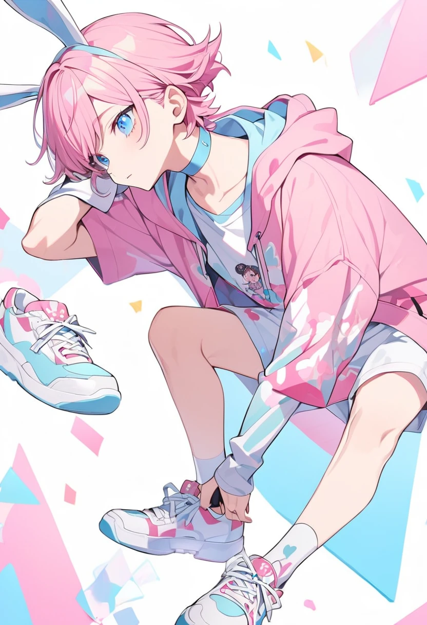 pink hair, boy, teen, rabbit ears, pink hoodie, blue eyes, choker, white shoes