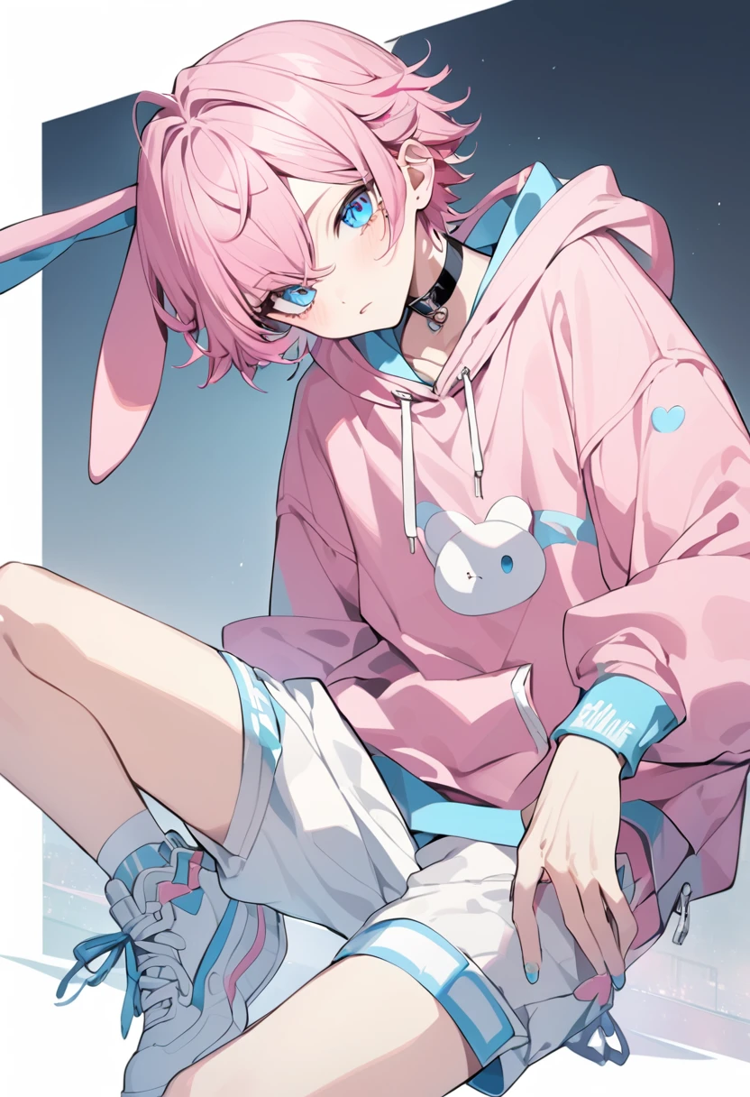pink hair, boy, teen, rabbit ears, pink hoodie, blue eyes, choker, white shoes