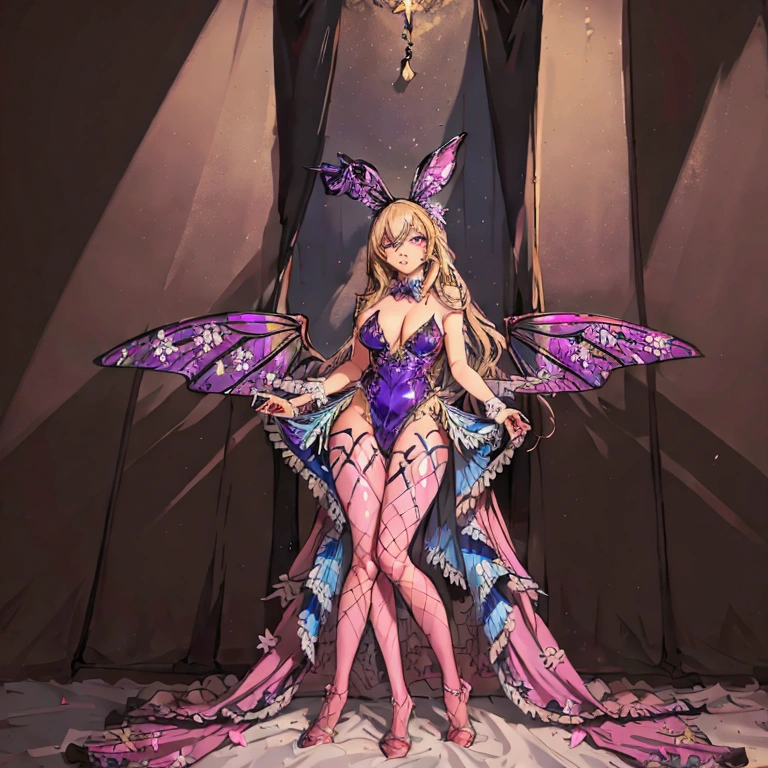 Casino Bunny Girl Drawing, roulette、Extraordinary beauty, Elegant beauty, god々A beautiful fairy, ((Anatomically correct: 1.5)) Spreading butterfly wings, Blue and purple feathers, Pink Eyes, Glowing Eyes, (Super detailed face: 1.2), The most detailed face,  Blonde, Full hair, Wavy Hair, Glamour Dress, Wild Dress, Jungle flower dress, LED interior lighting, hyperrealism style, Vibrant, 超High resolution, High Contrast, (masterpiece:1.5), Highest quality, Best aesthetics), Best details, Highest quality, High resolution, Ultra Wide Angle, 16K, [Super detailed], masterpiece, Highest quality, (Very detailed) born, Chanbasket&#39;s art style, FairyTaleAI, Fairy Wings, 