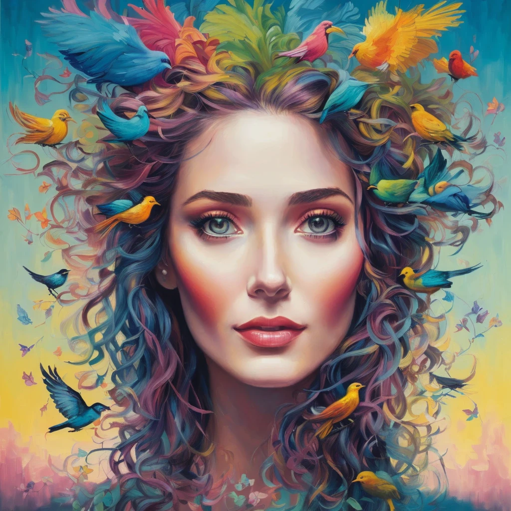 painting of a woman with a bird head and colorful hair, inspired by Sam Spratt, beautiful art uhd 4 k, beeple and jeremiah ketner, artgerm julie bell beeple, art of alessandro pautasso, there are birds on her head, by Sam Spratt, centered painted portrait, jana brike art, detailed painting 4 k